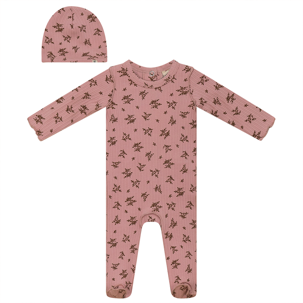 Flower Print Onesie with Hat Pink Cognac