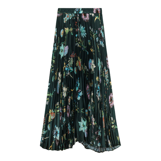 Accordian Pleated Printed Midi Skirt Green Blue