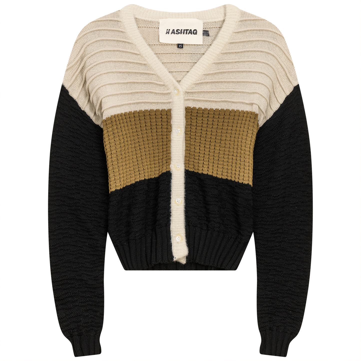 Cropped Knit Color Blocked Cardigan Oatmeal Taupe Black