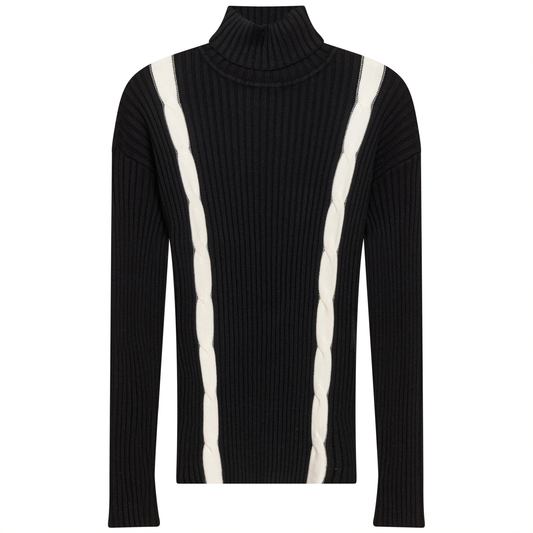 Knit Turtle Neck Cable Top Black Off White