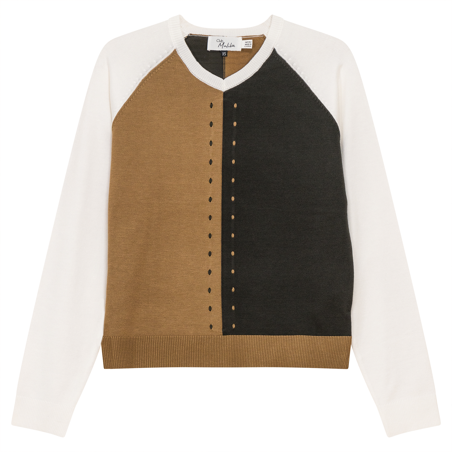 Color Blocked Knit Sweater Light Taupe Dark Olive