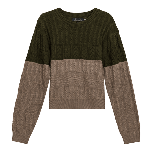 Cropped 2 Tone Cable Knit Sweater Olive Stone