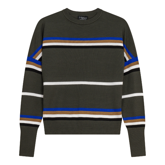 Striped Drop Shoulder Knit Sweater Dark Olive