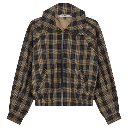 Croped Checkered Bomber Jacket Black Taupe
