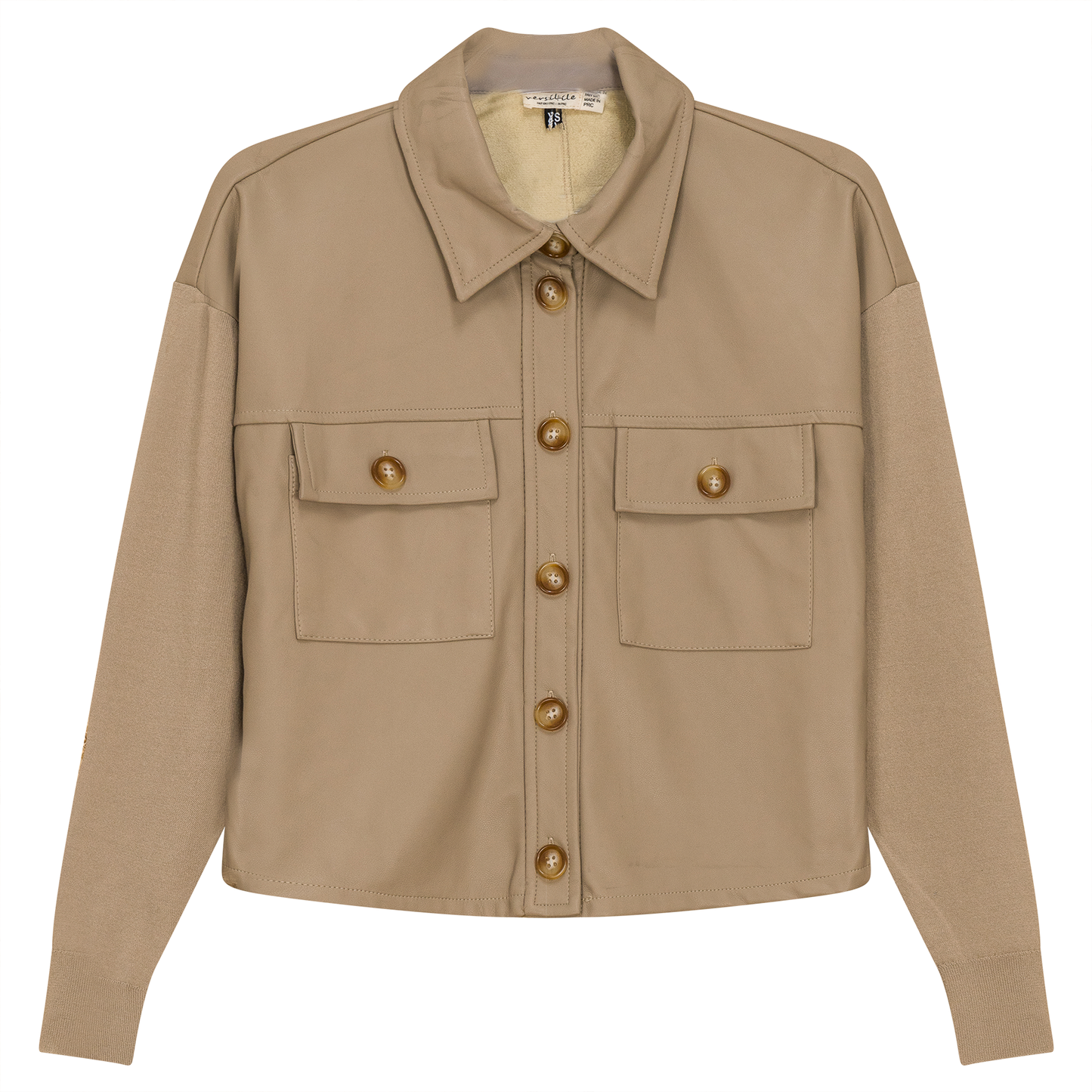 Cropped Leather Combo Jacket Oatmeal