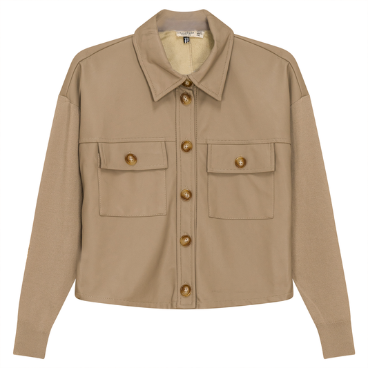 Cropped Leather Combo Jacket Oatmeal