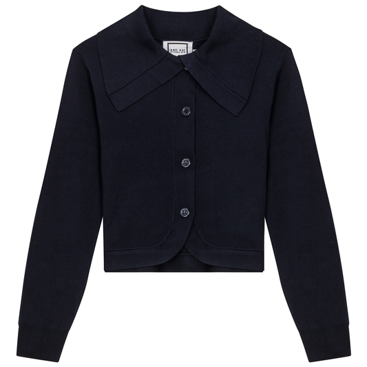 Cropped Knit Collar Cardigan Dark Navy