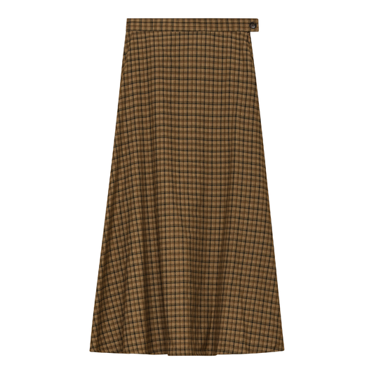 Plaid Fly Front Midi Skirt Taupe