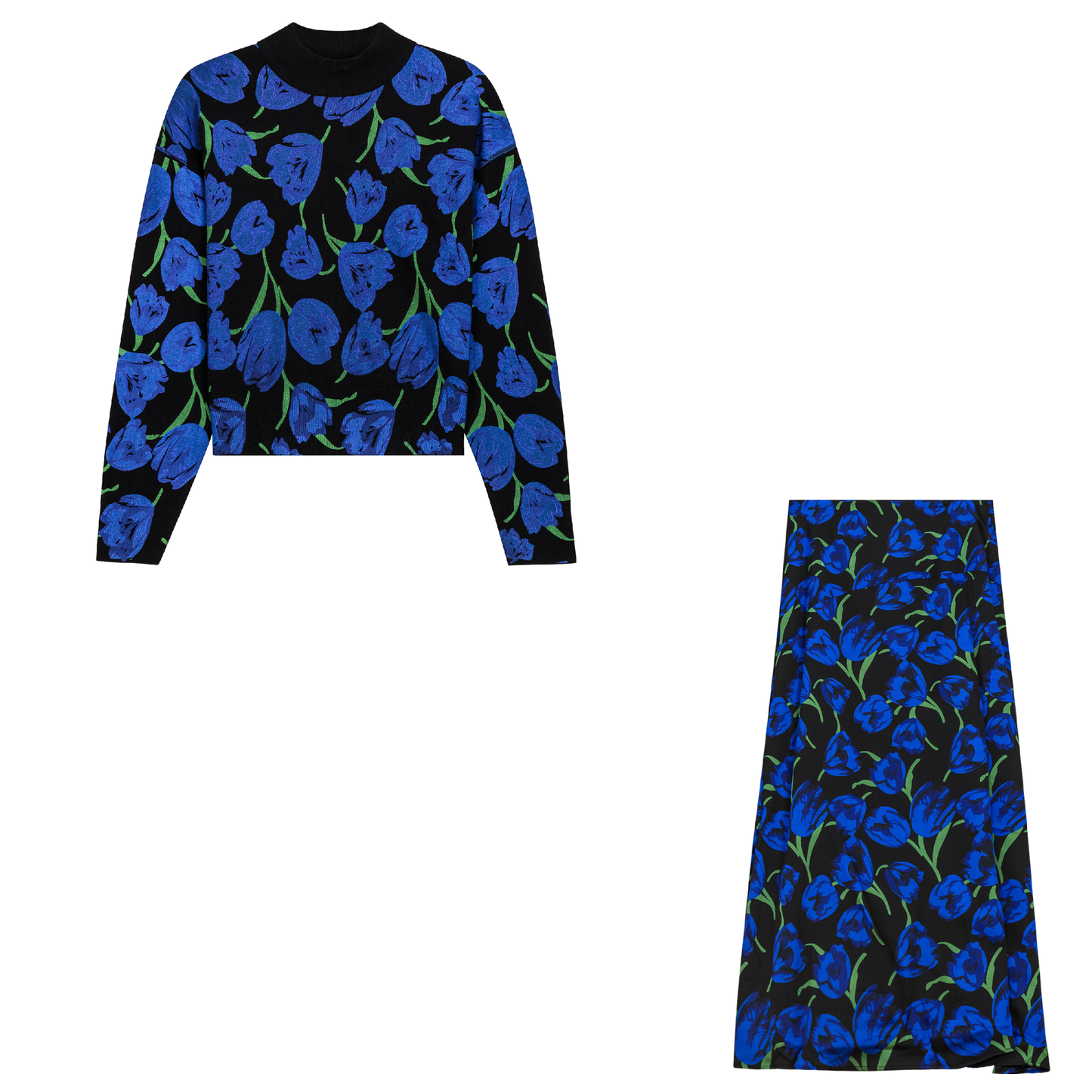 Printed Satin Maxi Skirt With Printed Mock Neck Sweater Black Royal