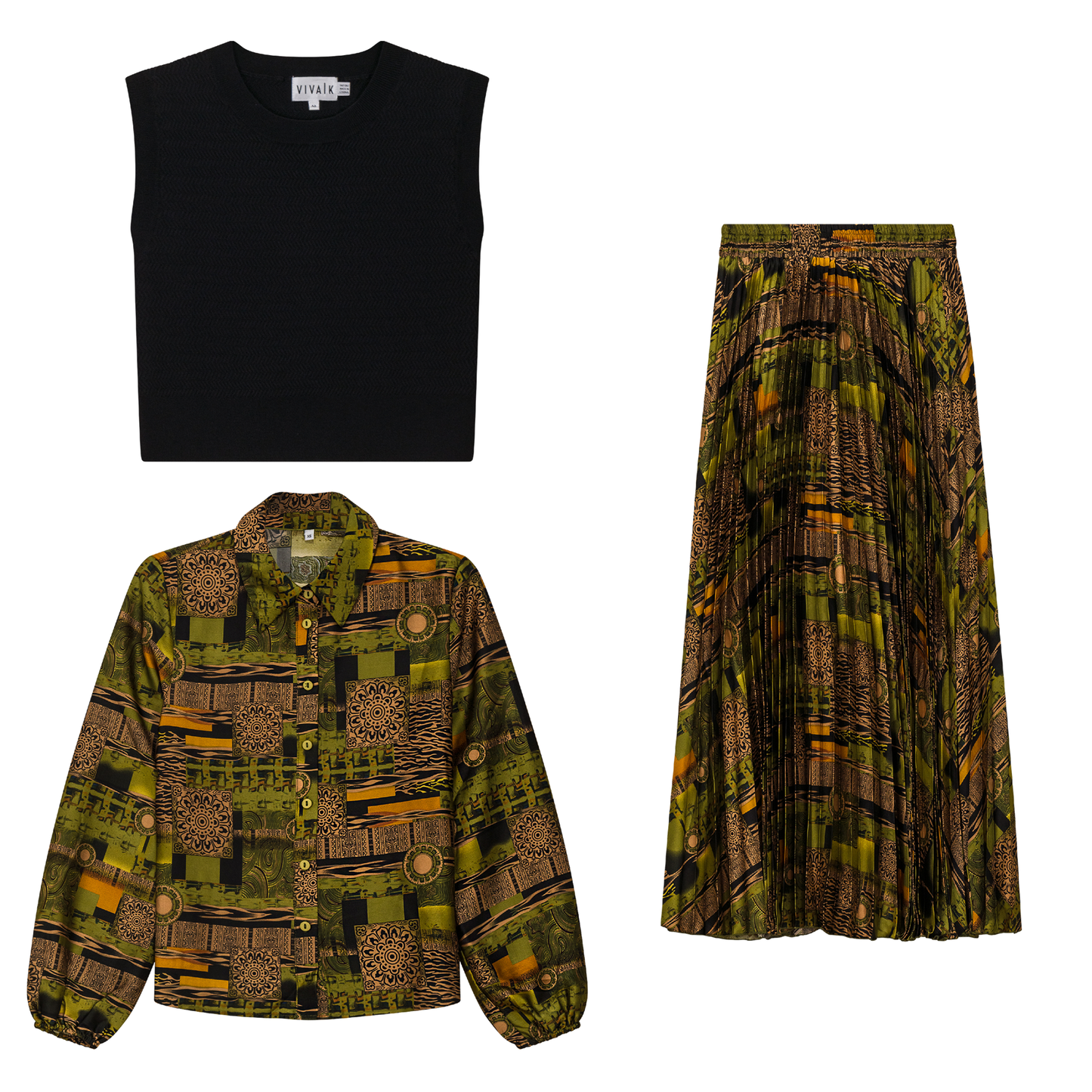 Printed Satin Midi Accordian Pleated Skirt Set With Cropped Knit Vest Olive