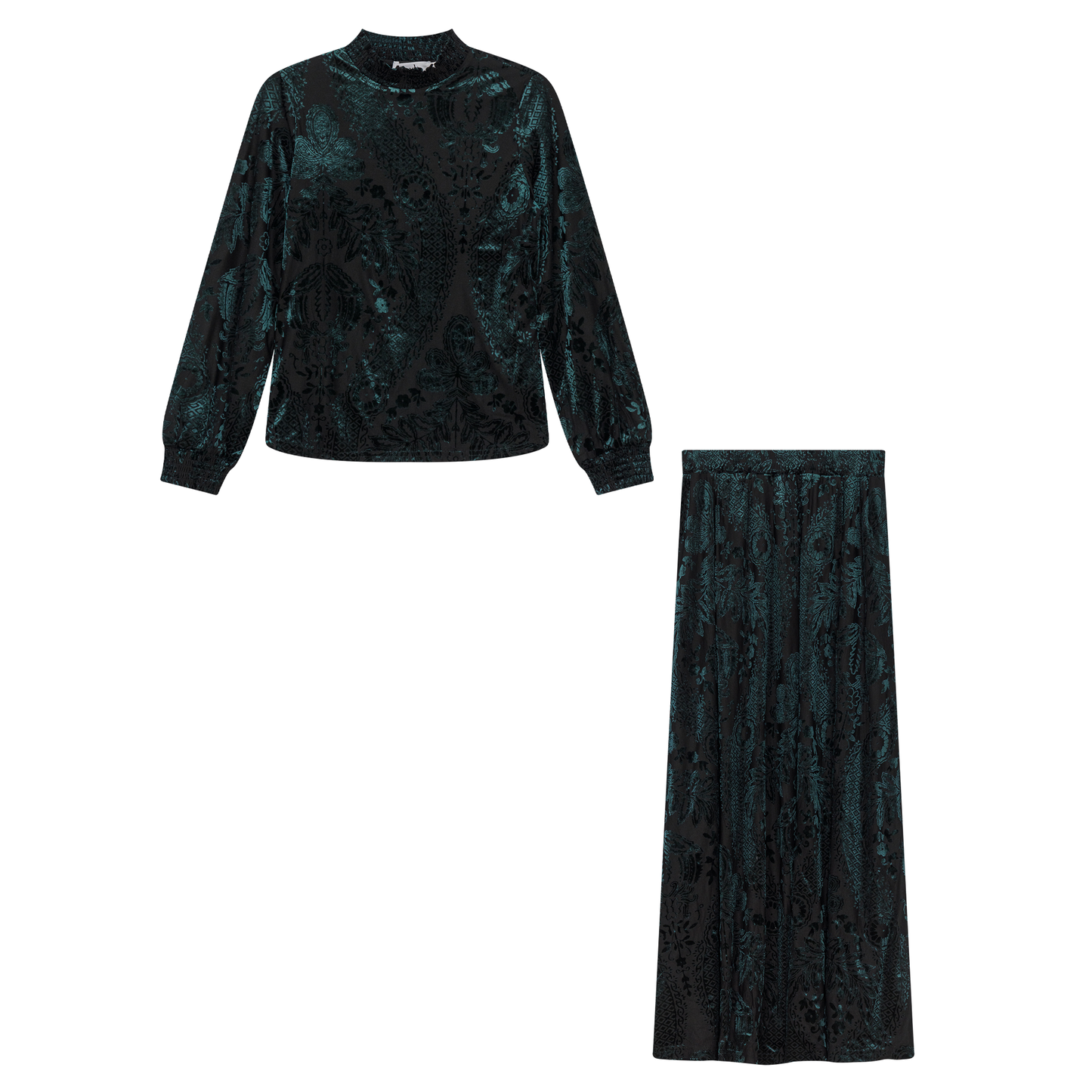 Burnout Velour A Line Skirt 2 PC Maxi Set Hunter