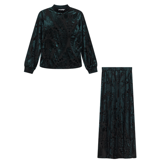 Burnout Velour A Line Skirt 2 PC Maxi Set Hunter