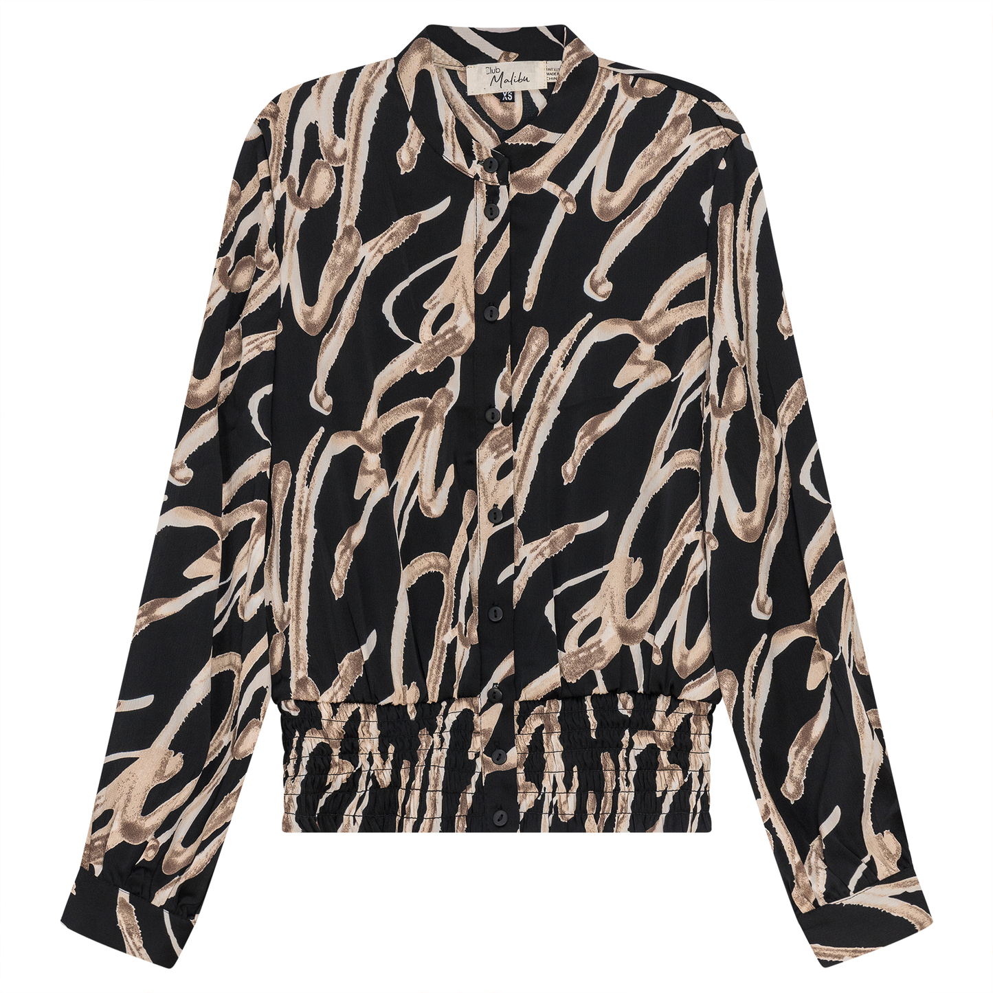 Printed satin Ruched Blouse Black Taupe
