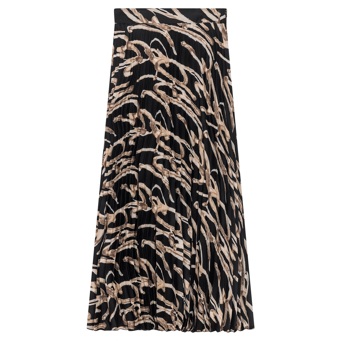 Printed Satin Accordian Pleated Midi Skirt Black Taupe