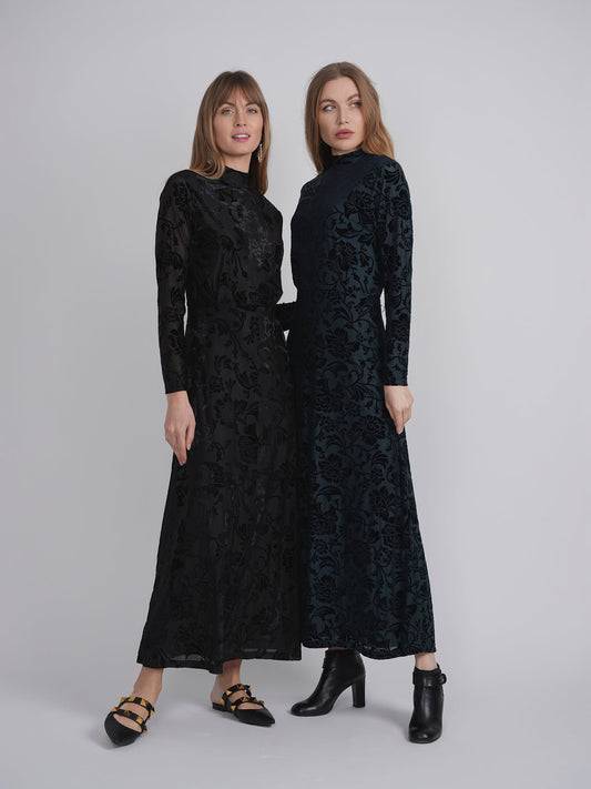 Mock Neck Flocked Chiffon Maxi Dress