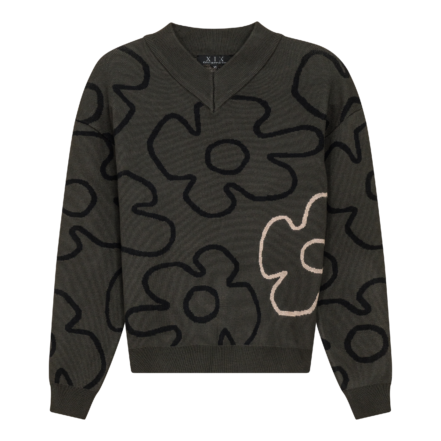 V Neck Floral Knit Sweater Dark Olive