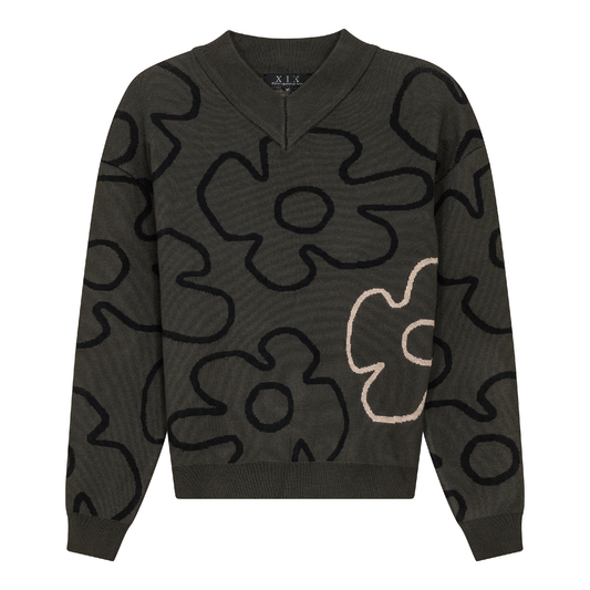 V Neck Floral Knit Sweater Dark Olive