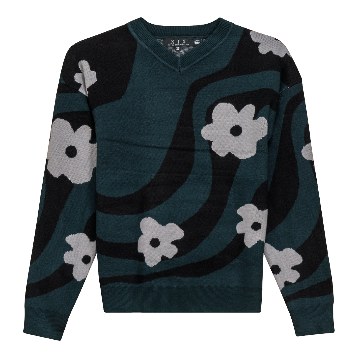 V Neck Floral Knit Sweater Deep Teal Black