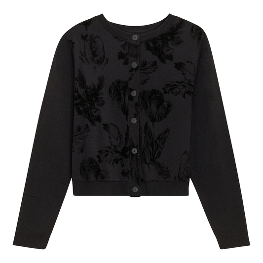 Cropped Flocked Velour Knit Cardigan Black
