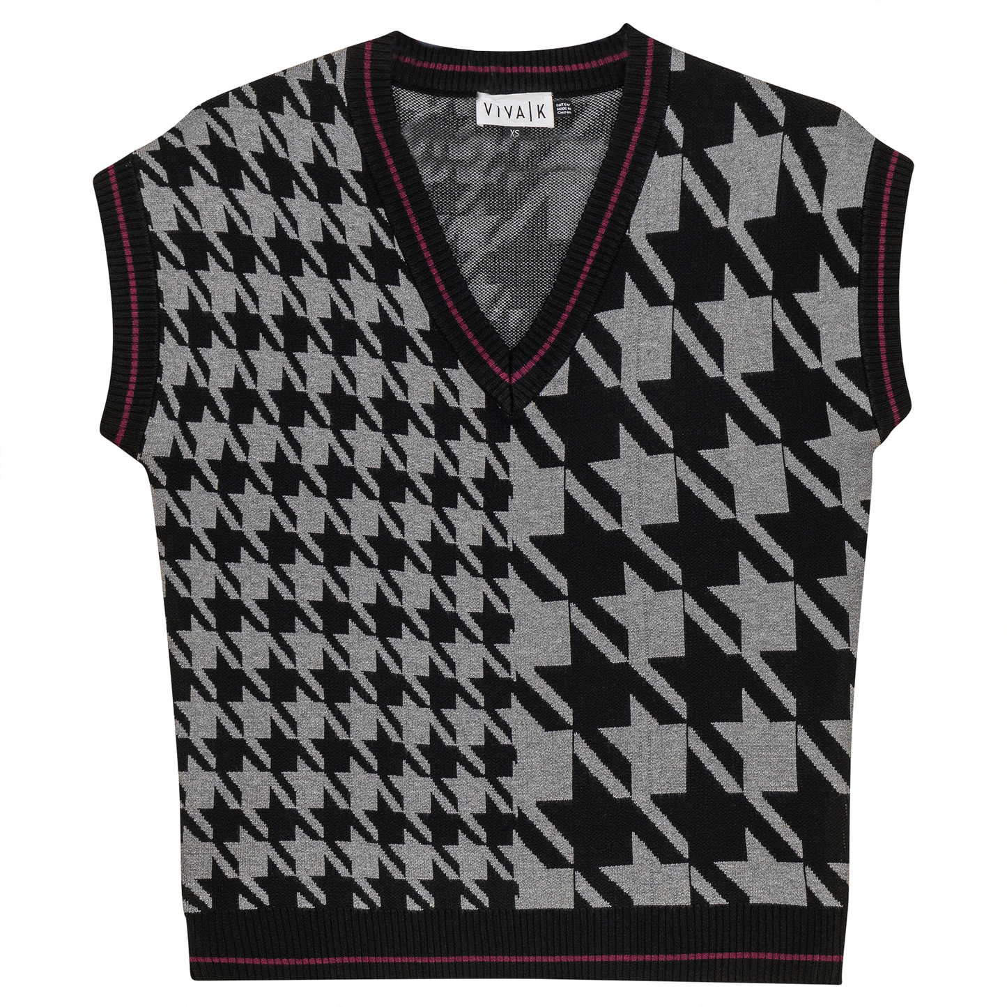 Houndstooth Contrast Knit Vest Black Medium Grey
