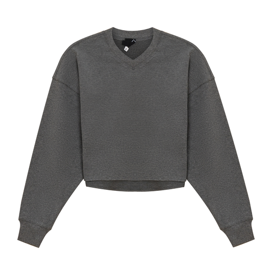 V Neck Cropped Sweatshirt Medium Grey Mix