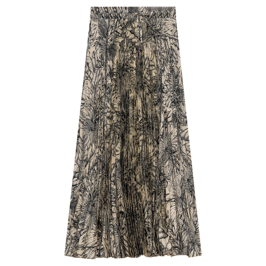 Accordian Pleated Printed Chiffon Midi Skirt Black Stone