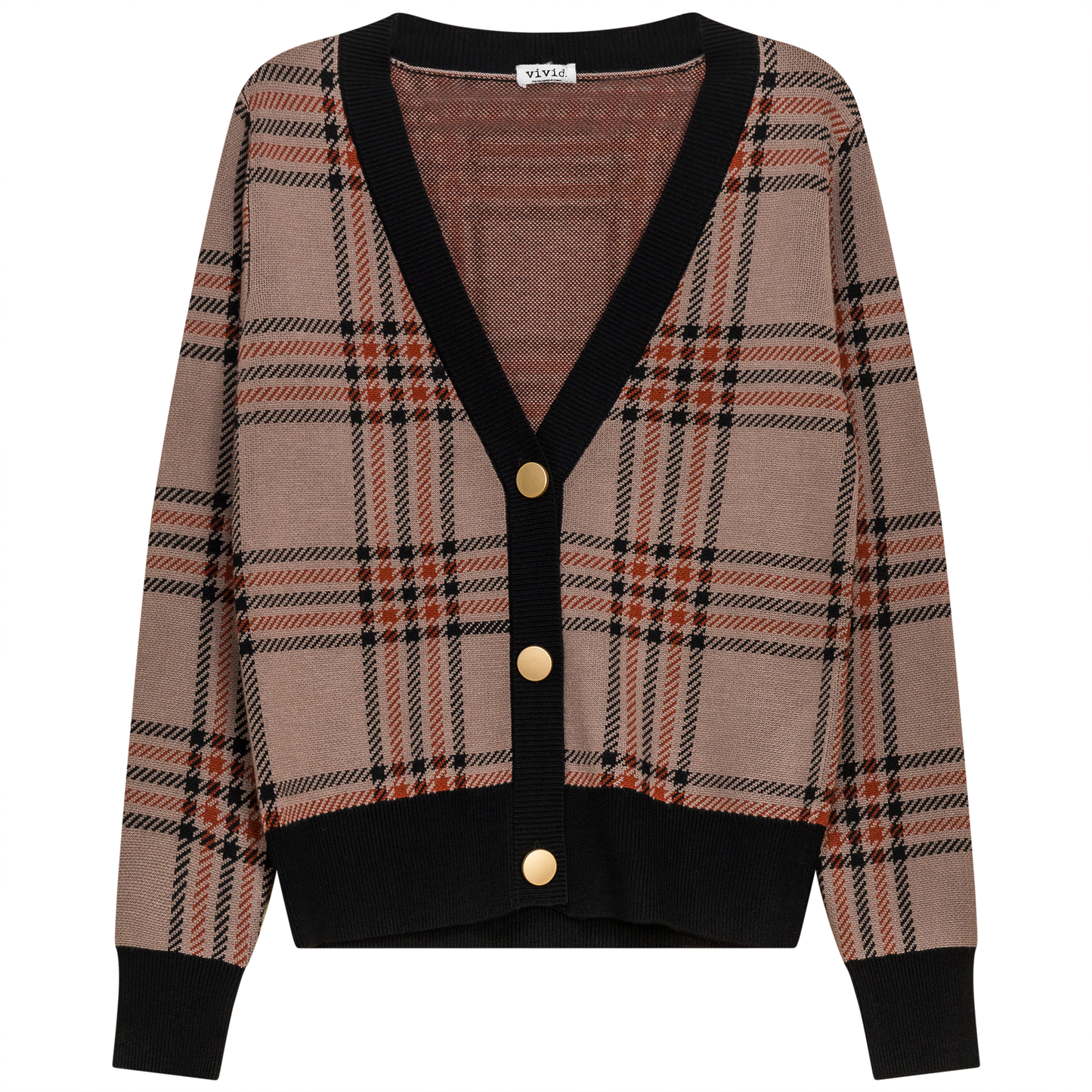 Plaid Knit Cardigan Mocha Black