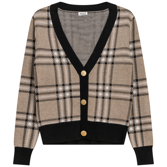 Plaid Knit Cardigan Oatmeal Black