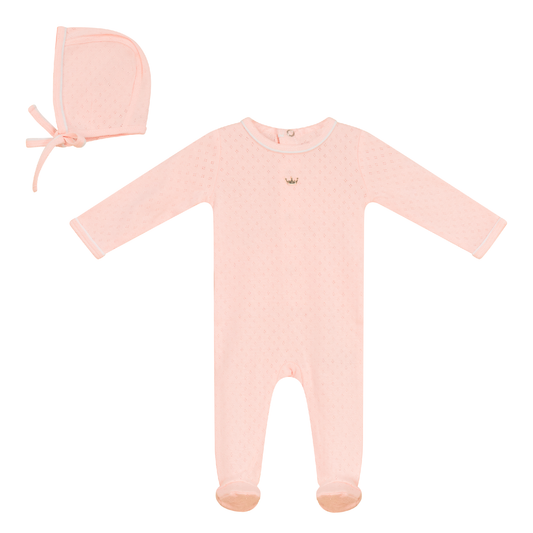 Pointelle Knit Onesie with Bonnet Pink