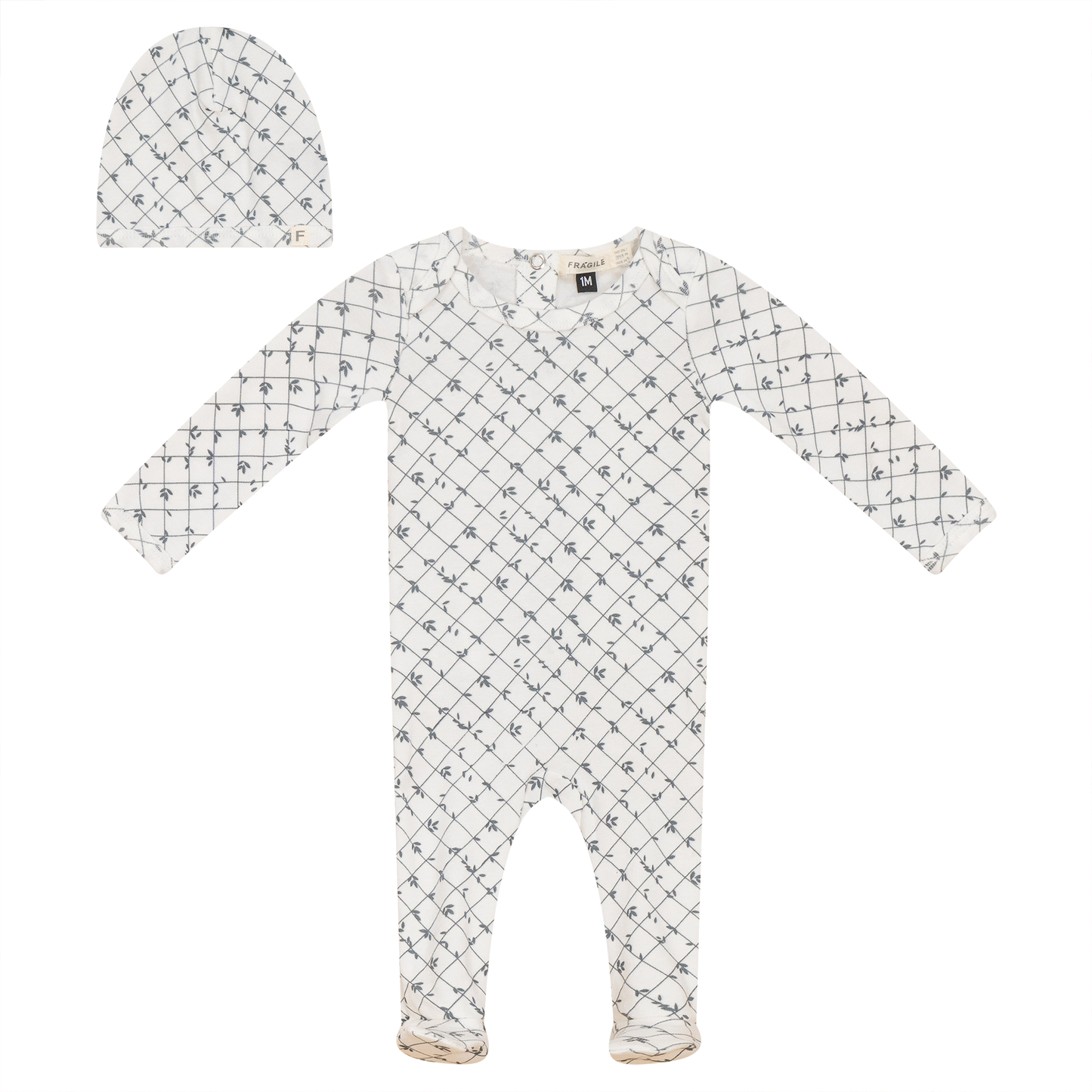 Printed Ribbed Onesie with Hat White Dark Blue Grey