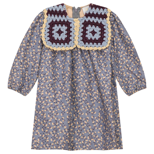 Woven Suede Flower Print Dress Blue Grey