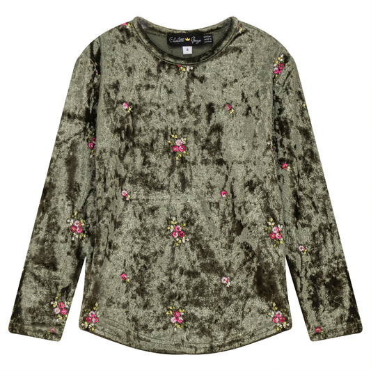 Velour Flower Embroidered Top Olive