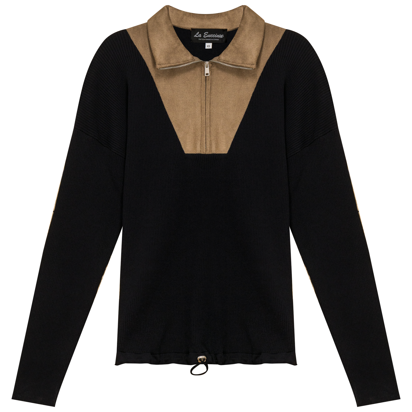 Maternity Ribbed Knit Zipper Bungee Sweater Black Dark Stone