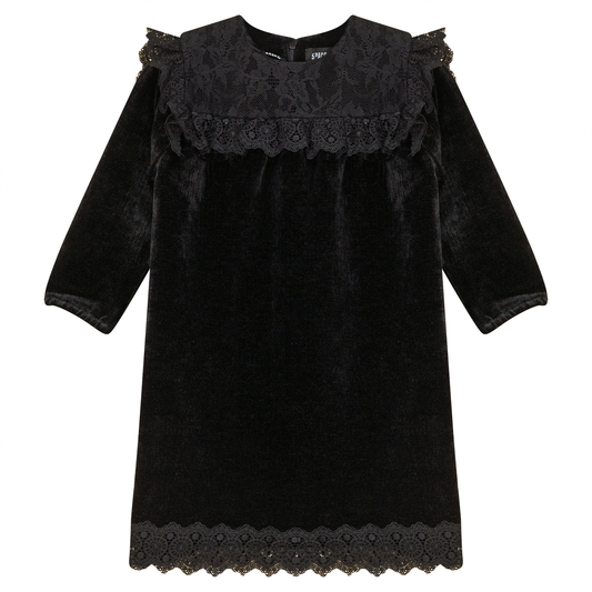 Lace Trim Velvet Dress Black