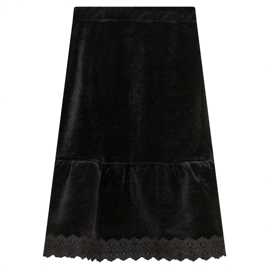 Lace Trim Velvet Skirt Black