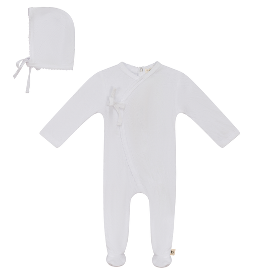 Crinkled Jersey Wrap Onesie With Bonnet White