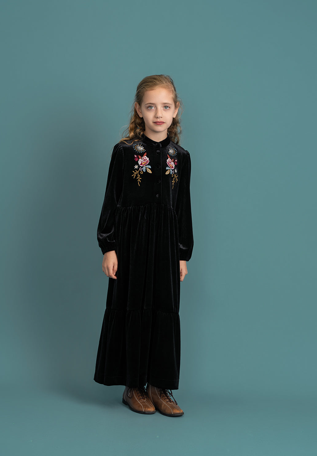 Floral Embroidered Velour Maxi Dress