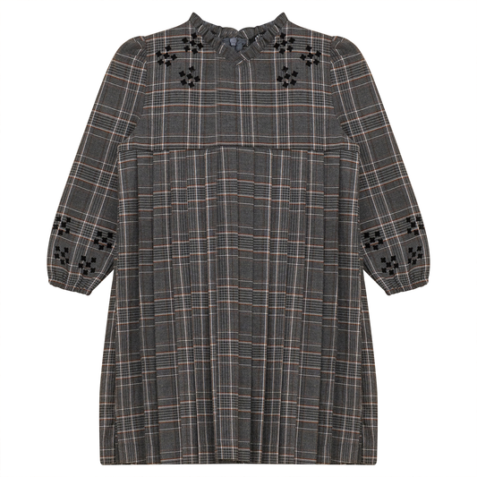 Woven Plaid Pleated Dress Grey