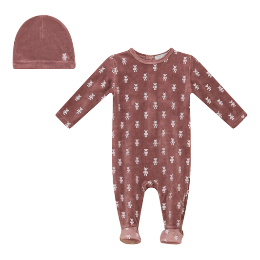 Bear Print Velour Onesie and Hat Dark Mauve