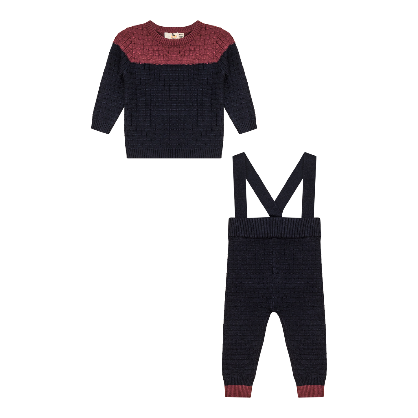 Checkered Knit 2Pc Set Dark Navy Burgundy