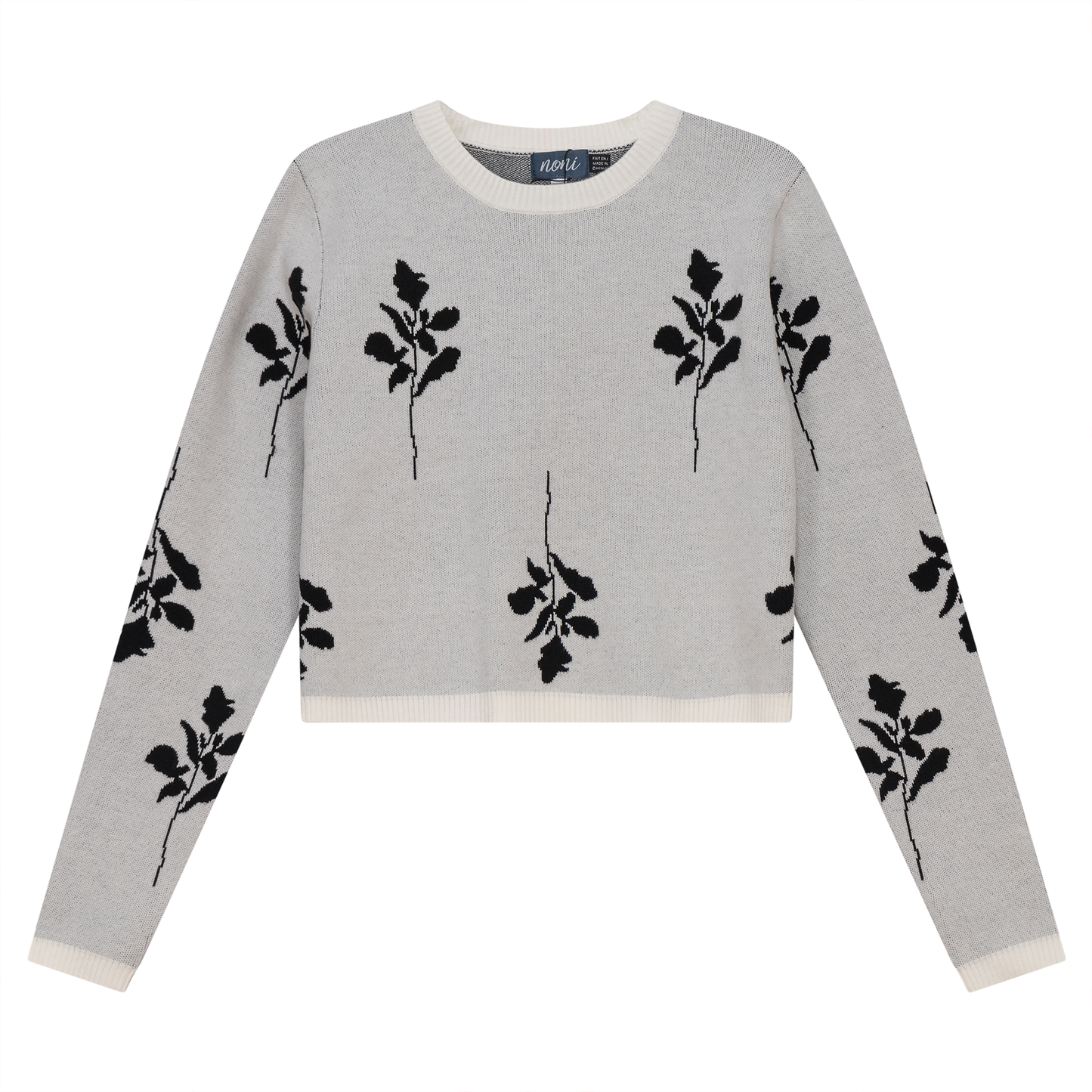 Leaves Print Crop Knit Sweater Off White