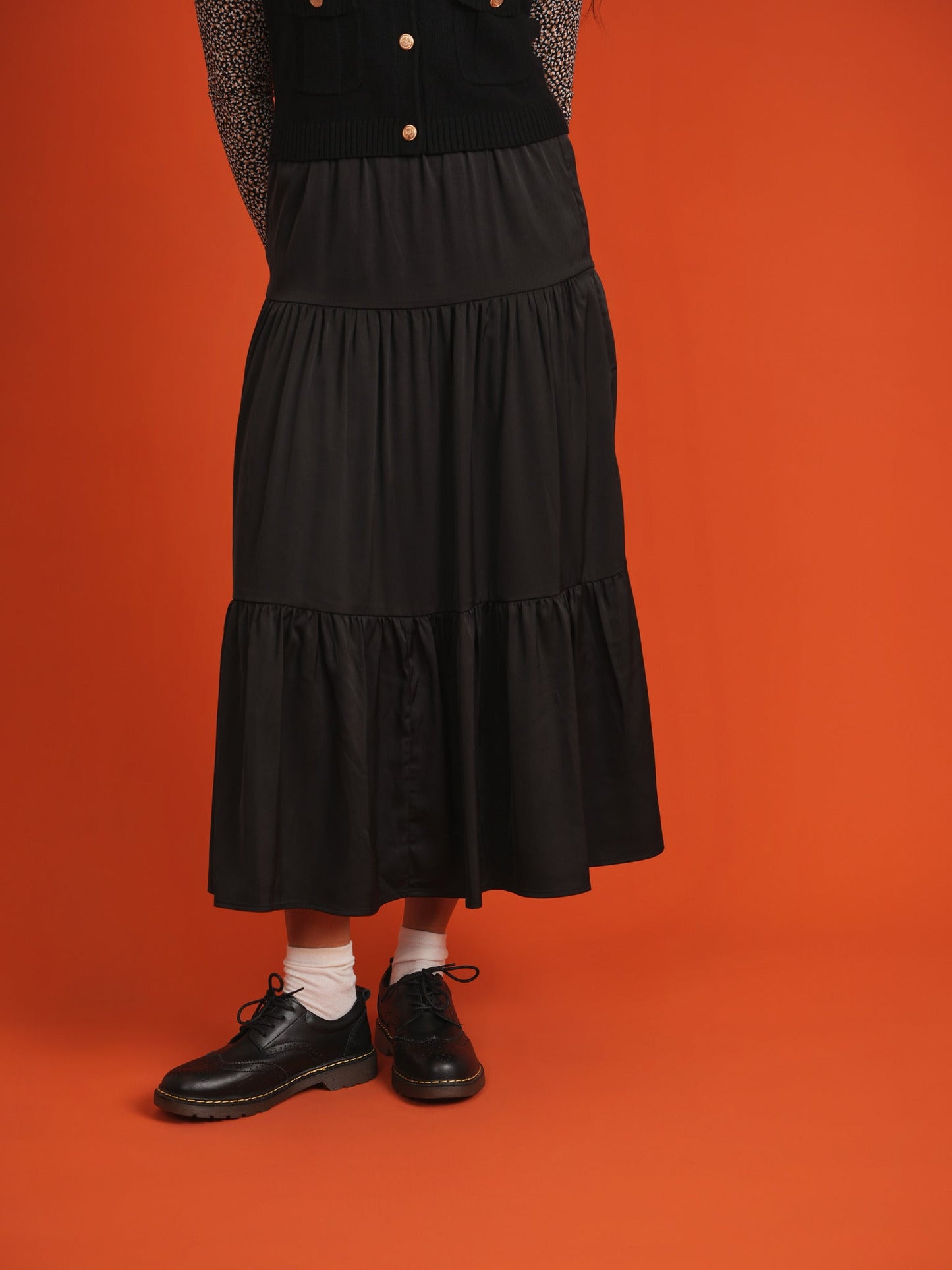 Midi Satin Tiered Skirt