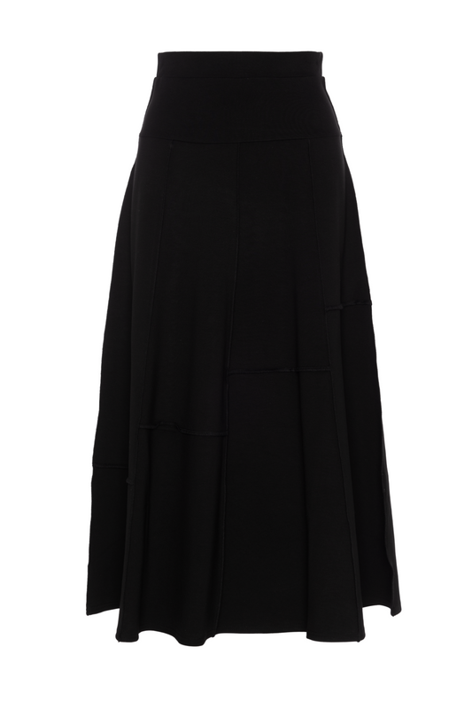 Ponte Top Stitch Paneled A Line Midi Skirt Black