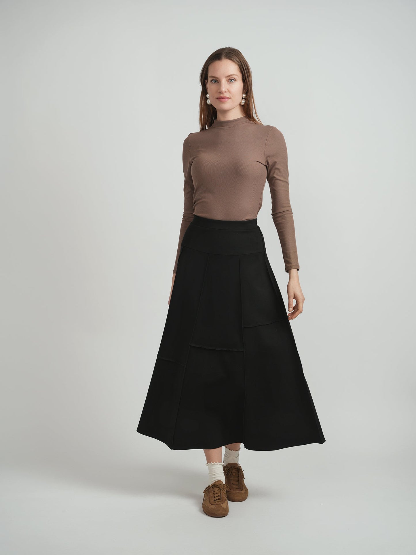 Ponte Top Stitch Paneled A Line Midi Skirt