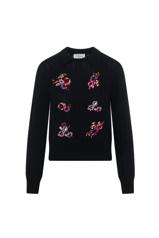 Embroidrered Textured Knit Sweater Black