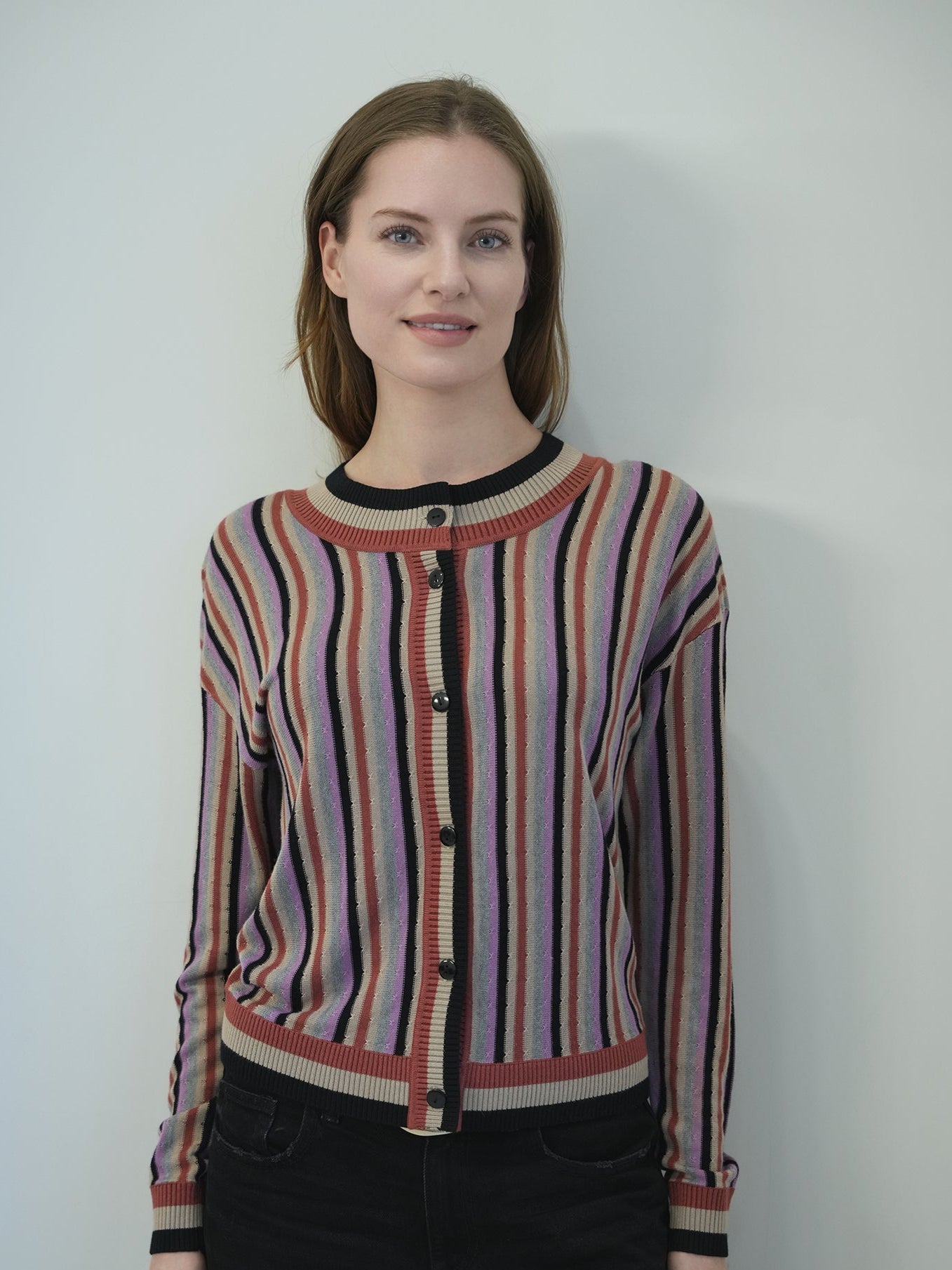 Cropped Textured Knit Striped Cardigan