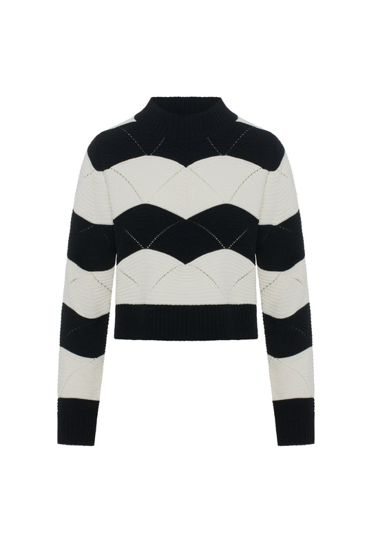 Mock Neck Cropped Wave Sweater Black Cream