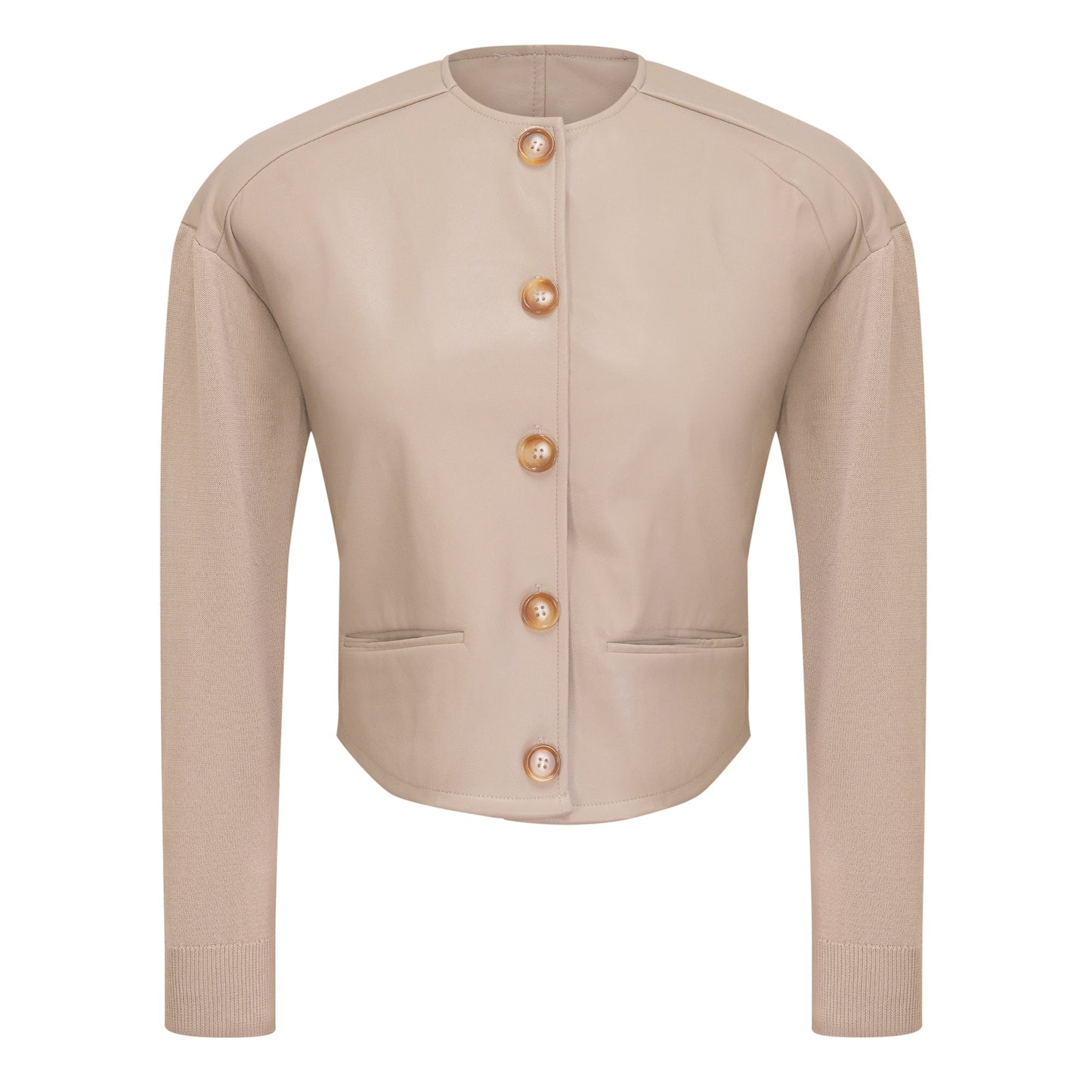 Cropped Leather Combo Jacket Oatmeal