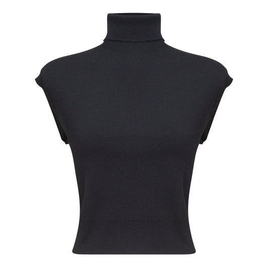 Turtle Neck Ribbed Knit Vest Black