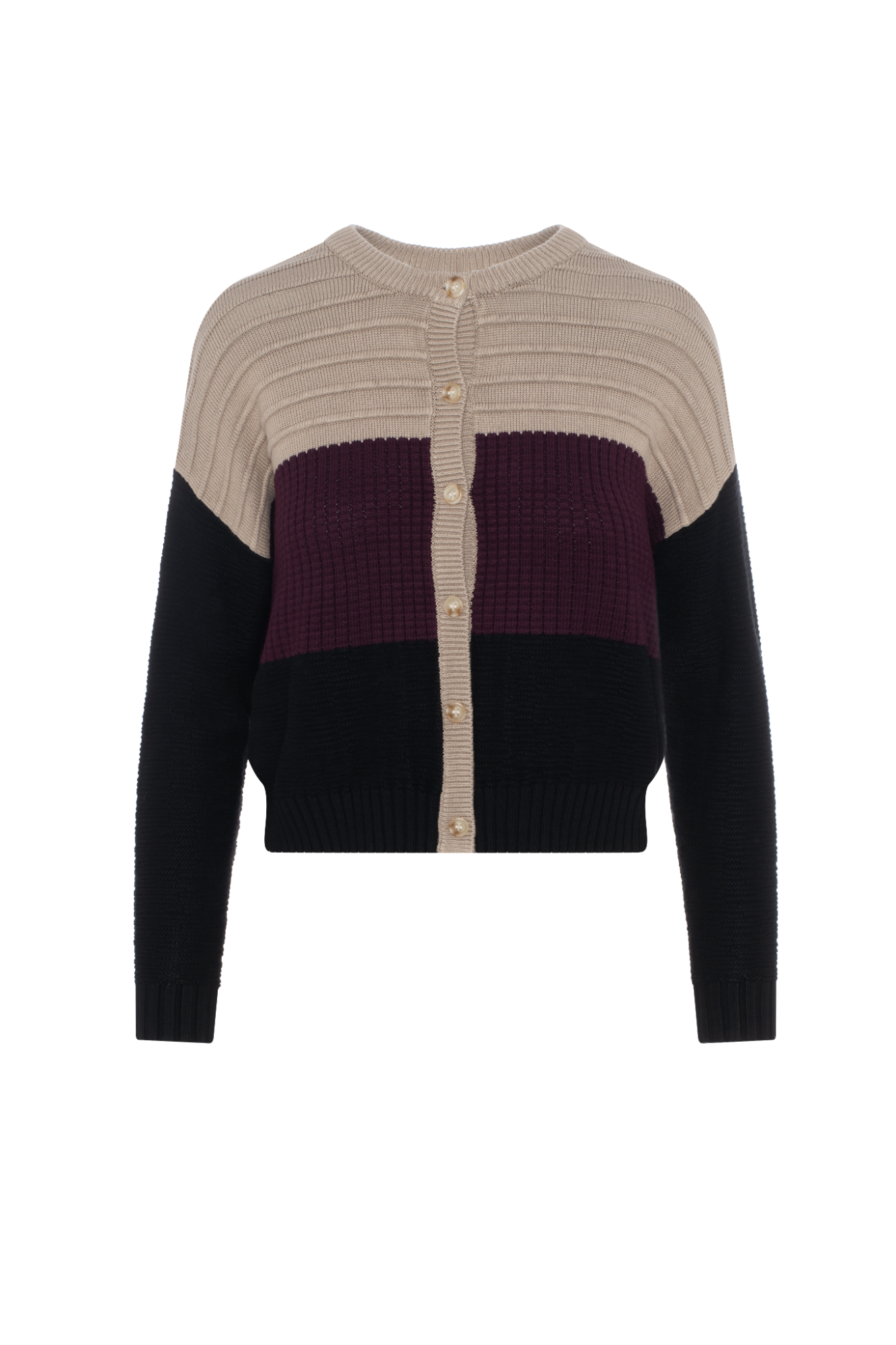 Cropped Knit Color Blocked Cardigan Oatmeal Dark Wine Black